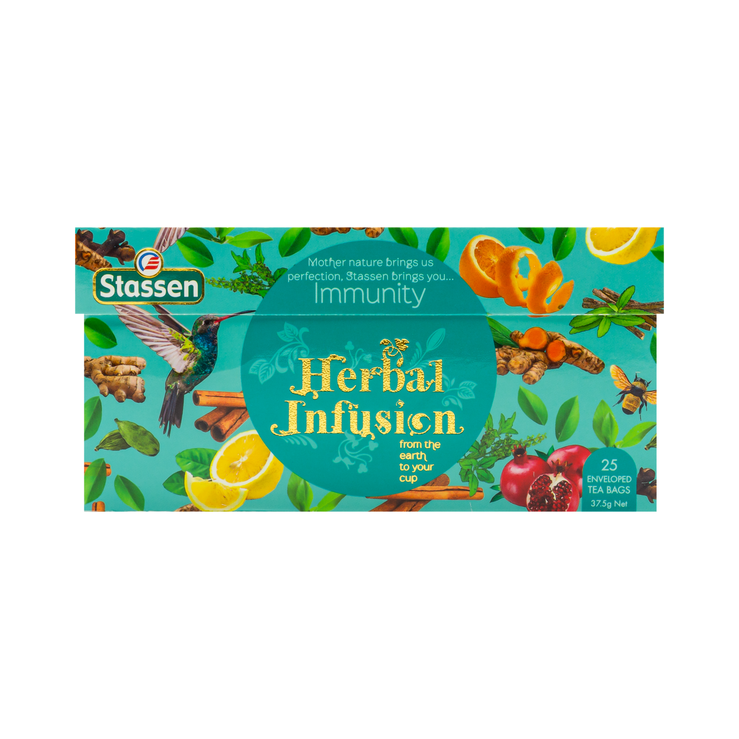 Opakowanie herbaty Immunity Stassen – ziołowa mieszanka z imbirem, cytryną i granatem.
