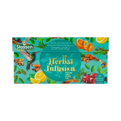 Opakowanie herbaty Immunity Stassen – ziołowa mieszanka z imbirem, cytryną i granatem.