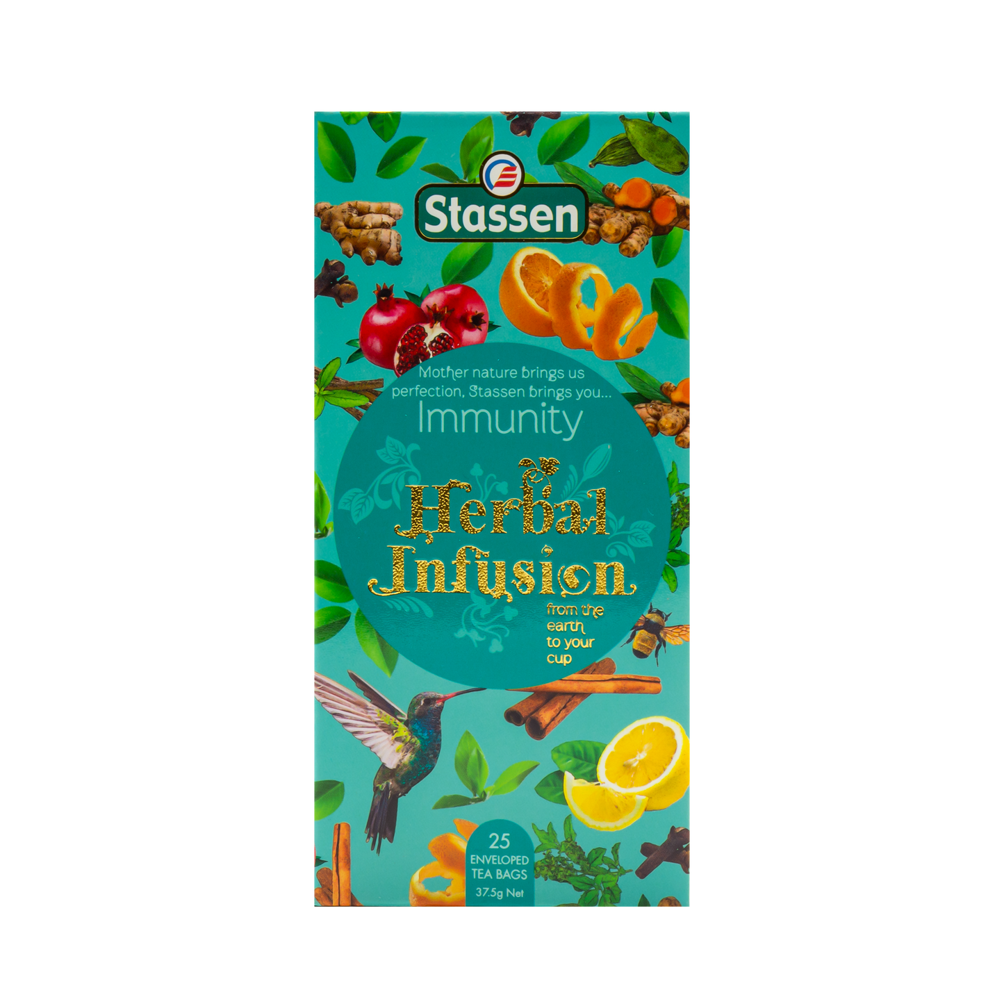 Pionowe pudełko herbaty Stassen Immunity – zielone opakowanie z motywem roślinnym.