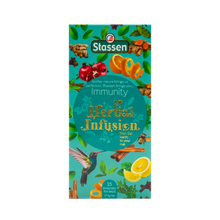 Pionowe pudełko herbaty Stassen Immunity – zielone opakowanie z motywem roślinnym.