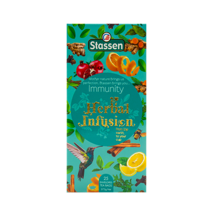 Pionowe pudełko herbaty Stassen Immunity – zielone opakowanie z motywem roślinnym.