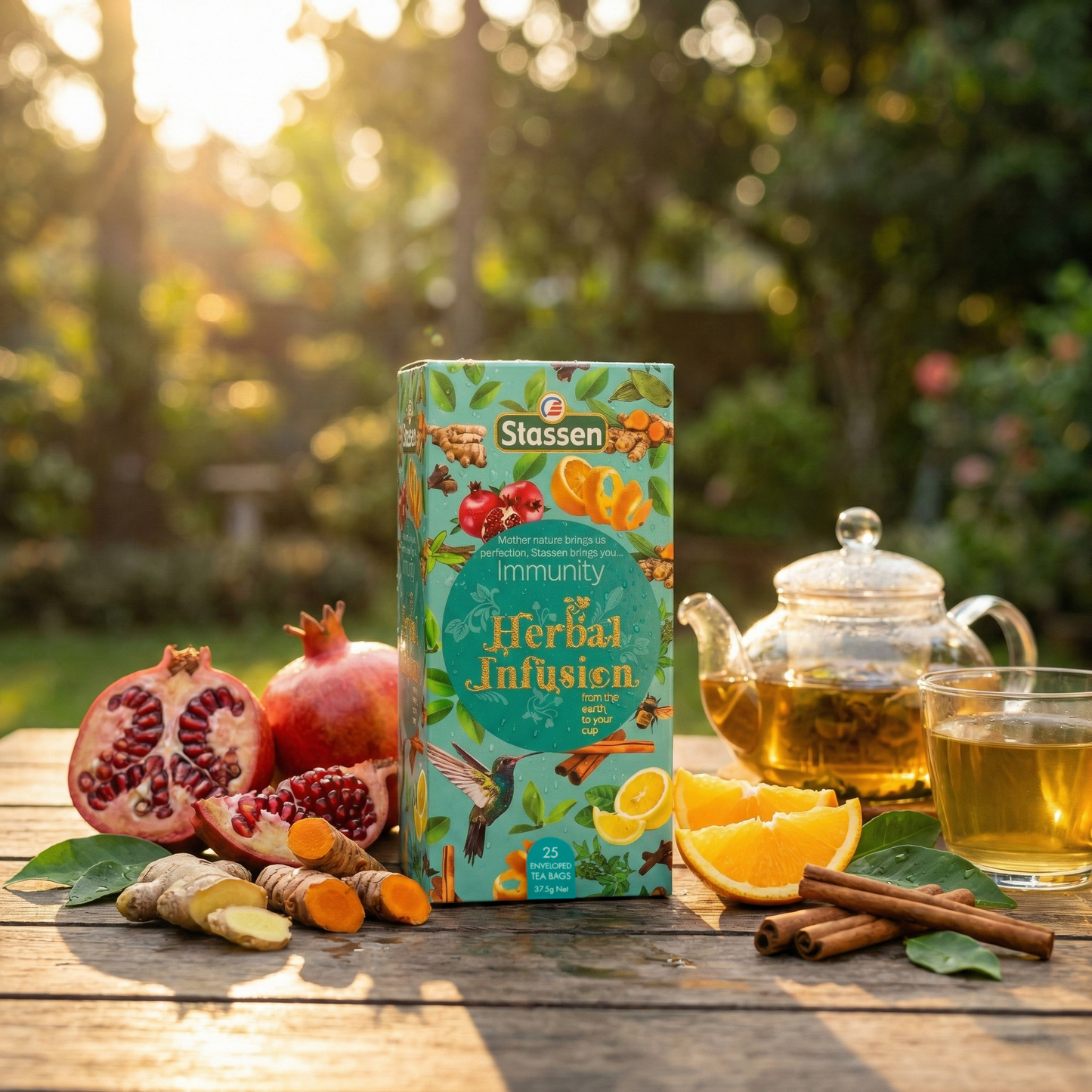 Opakowanie herbaty ziołowej Stassen Immunity na drewnianym stole w ogrodzie, obok granat, imbir, pomarańcza, cynamon i filiżanka naparu.