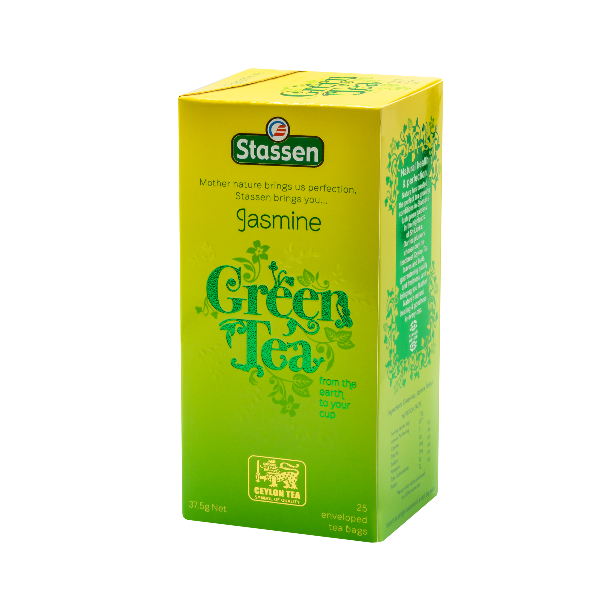 Boczne ujęcie opakowania herbaty Stassen Jasmine Green Tea – szczegóły produktu.