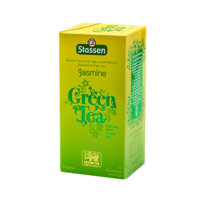 Boczne ujęcie opakowania herbaty Stassen Jasmine Green Tea – szczegóły produktu.