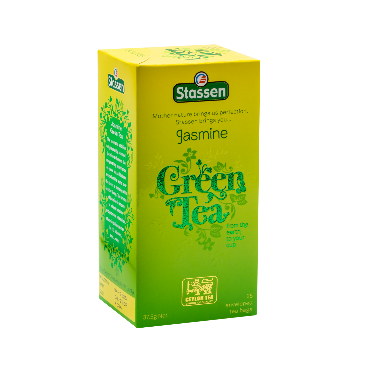 Opakowanie herbaty Stassen Jasmine Green Tea z boku – zielona herbata jaśminowa cejlońska.
