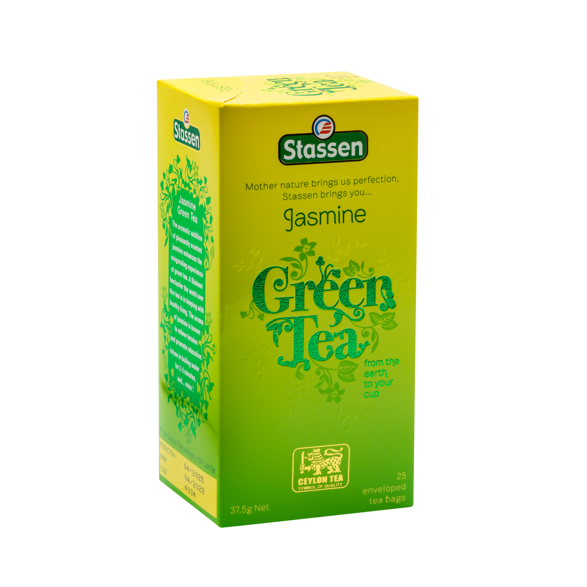 Opakowanie herbaty Stassen Jasmine Green Tea z boku – zielona herbata jaśminowa cejlońska.