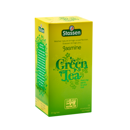Opakowanie herbaty Stassen Jasmine Green Tea z boku – zielona herbata jaśminowa cejlońska.
