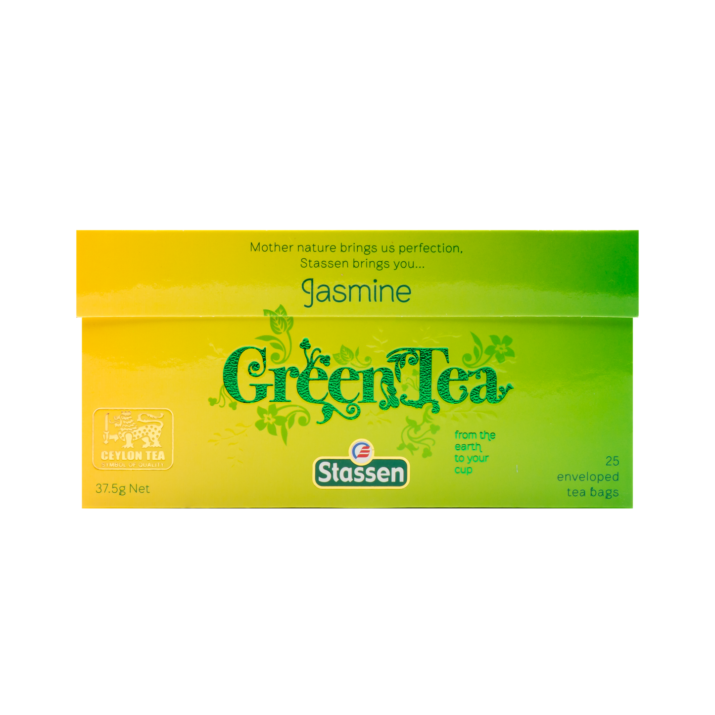 Opakowanie frontowe herbaty Stassen Jasmine Green Tea – zielone pudełko z napisem Green Tea.