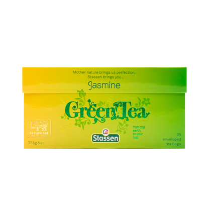 Opakowanie frontowe herbaty Stassen Jasmine Green Tea – zielone pudełko z napisem Green Tea.