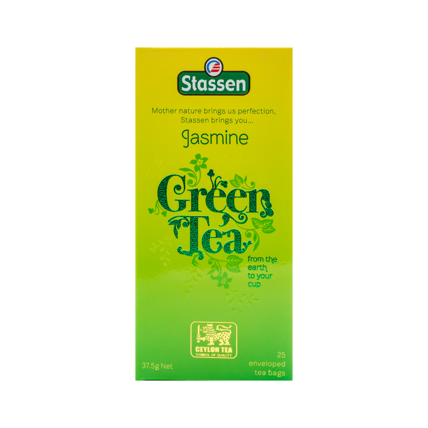 Pionowe pudełko Stassen Jasmine Green Tea – elegancka herbata jaśminowa w kopertach.