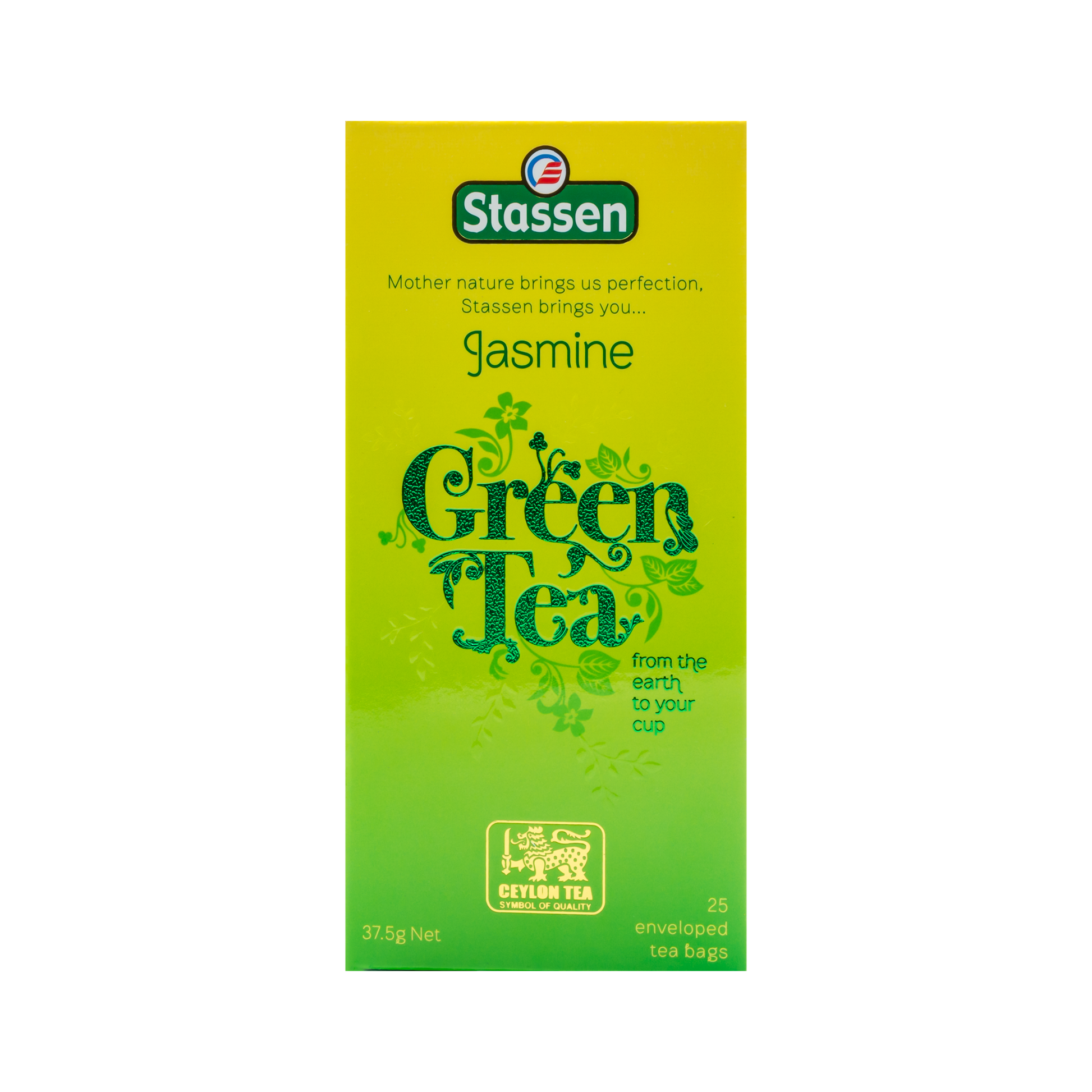 Pionowe pudełko Stassen Jasmine Green Tea – elegancka herbata jaśminowa w kopertach.