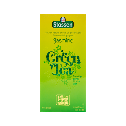 Pionowe pudełko Stassen Jasmine Green Tea – elegancka herbata jaśminowa w kopertach.