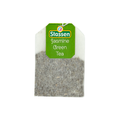 Torebka herbaty Stassen Jasmine Green Tea z zieloną etykietą – aromatyczna zielona herbata jaśminowa.
