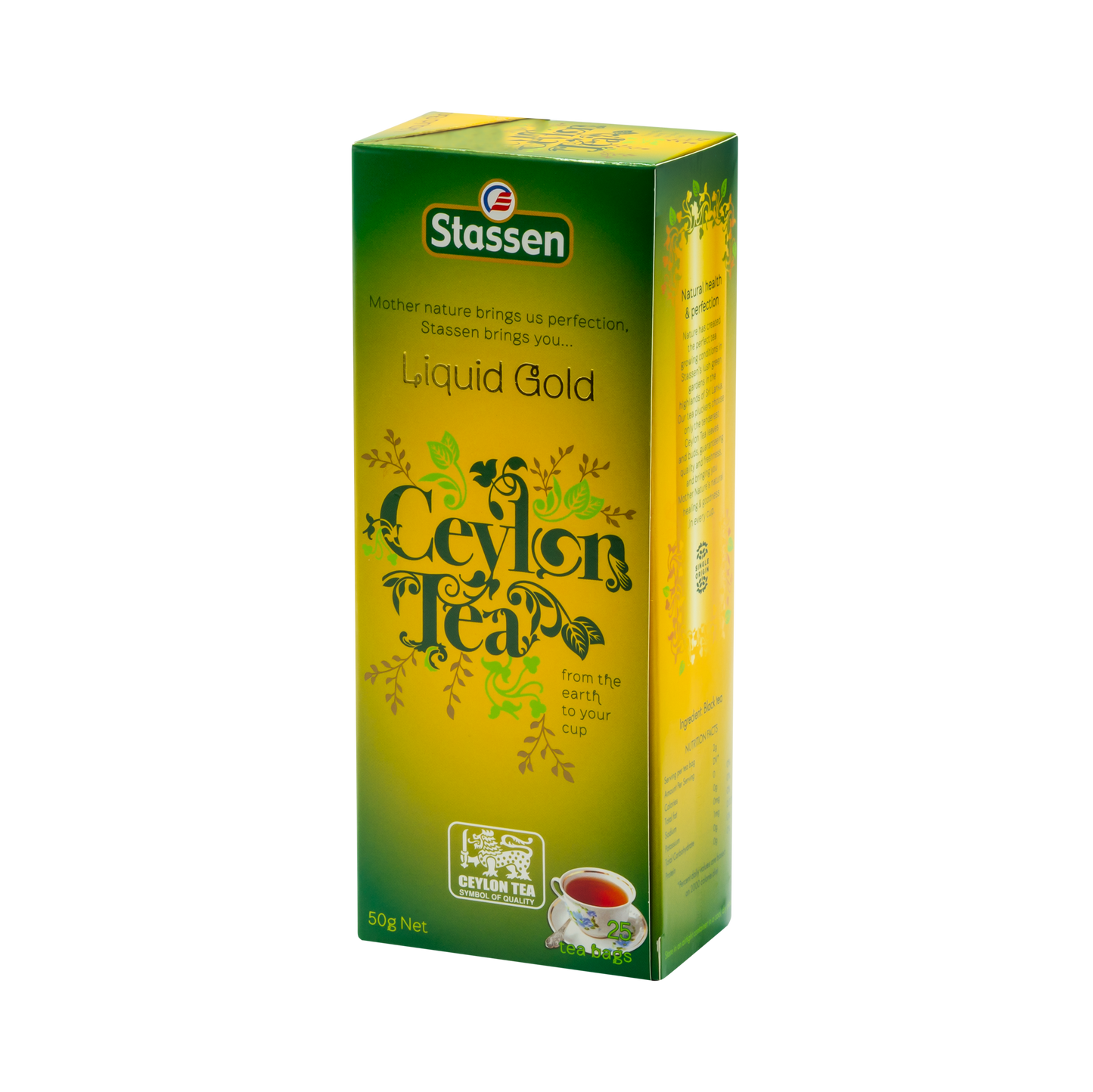 Pionowe pudełko Stassen Liquid Gold Tea – cejlońska herbata o intensywnym smaku.