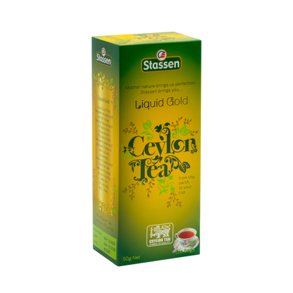 Boczne ujęcie opakowania herbaty Stassen Liquid Gold Tea – wysokiej jakości czarna herbata.