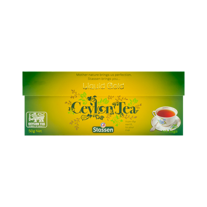 Opakowanie herbaty Stassen Liquid Gold Tea – klasyczna czarna herbata w kopertach.