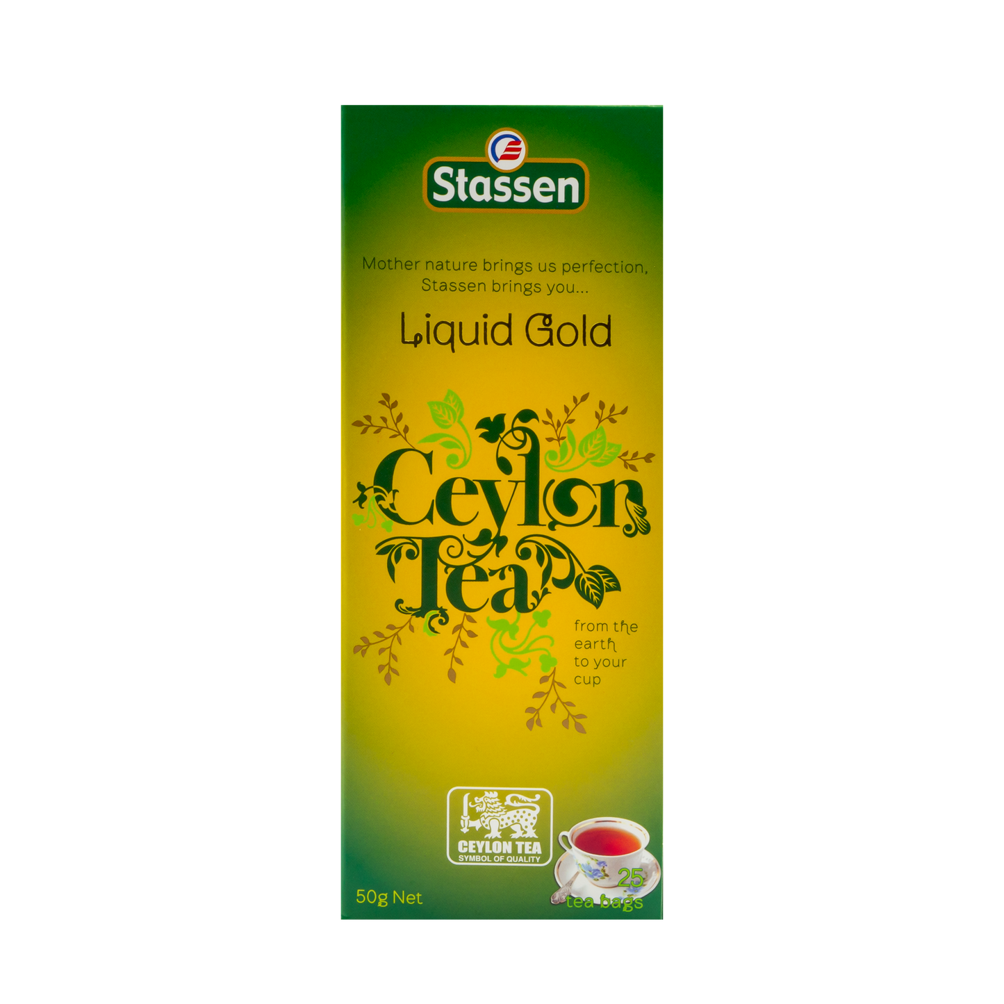 Opakowanie herbaty Stassen Liquid Gold Tea z filiżanką naparu – aromatyczna herbata cejlońska.