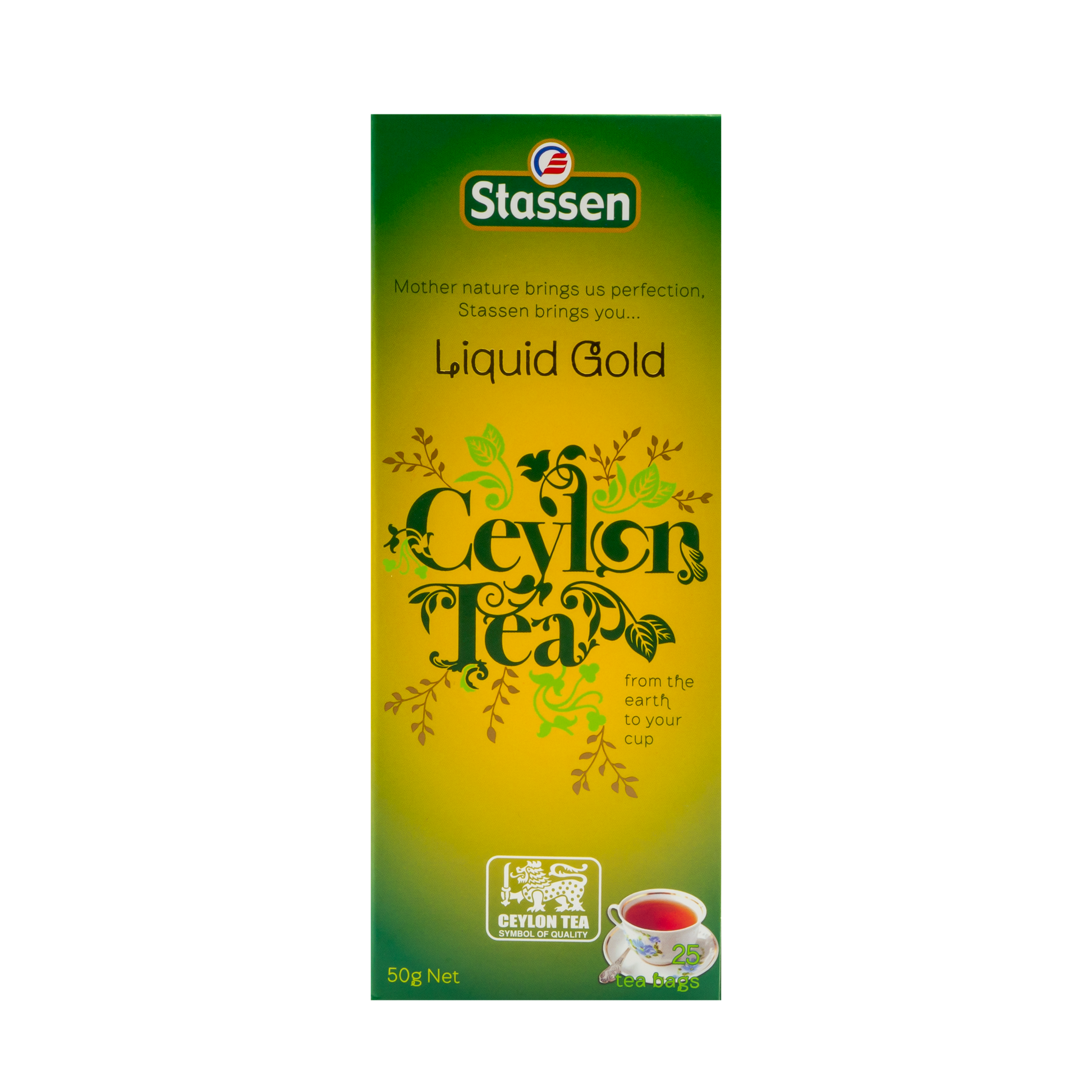 Opakowanie herbaty Stassen Liquid Gold Tea z filiżanką naparu – aromatyczna herbata cejlońska.