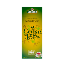 Opakowanie herbaty Stassen Liquid Gold Tea z filiżanką naparu – aromatyczna herbata cejlońska.