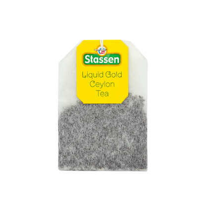 Torebka herbaty Stassen Liquid Gold Tea z żółtą etykietą – czarna herbata cejlońska.
