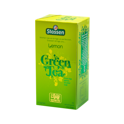 Lewy bok opakowania herbaty Stassen Lemon Green Tea – skład i informacje o produkcie.