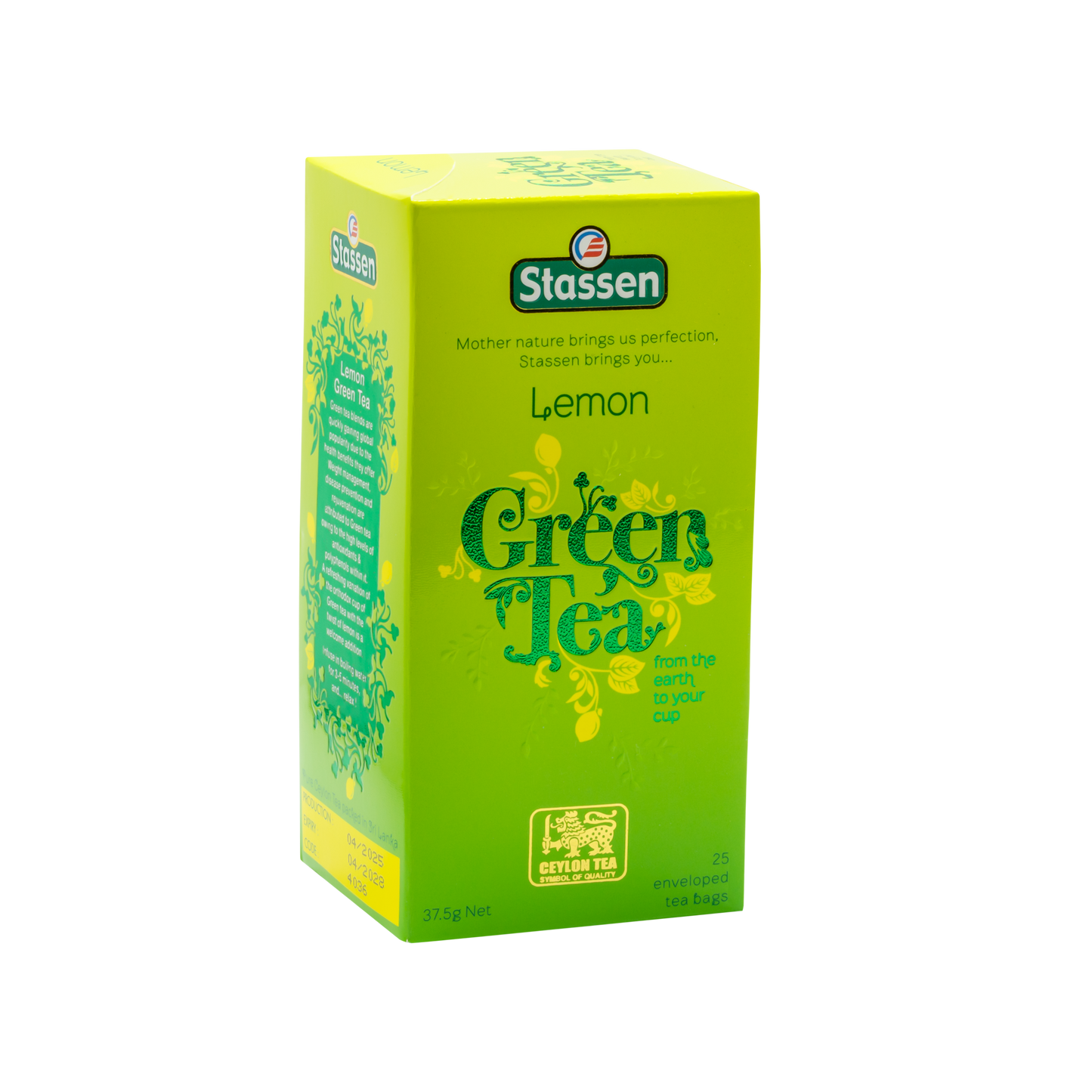 Prawy bok pudełka Stassen Lemon Green Tea – orzeźwiająca zielona herbata z cytryną.