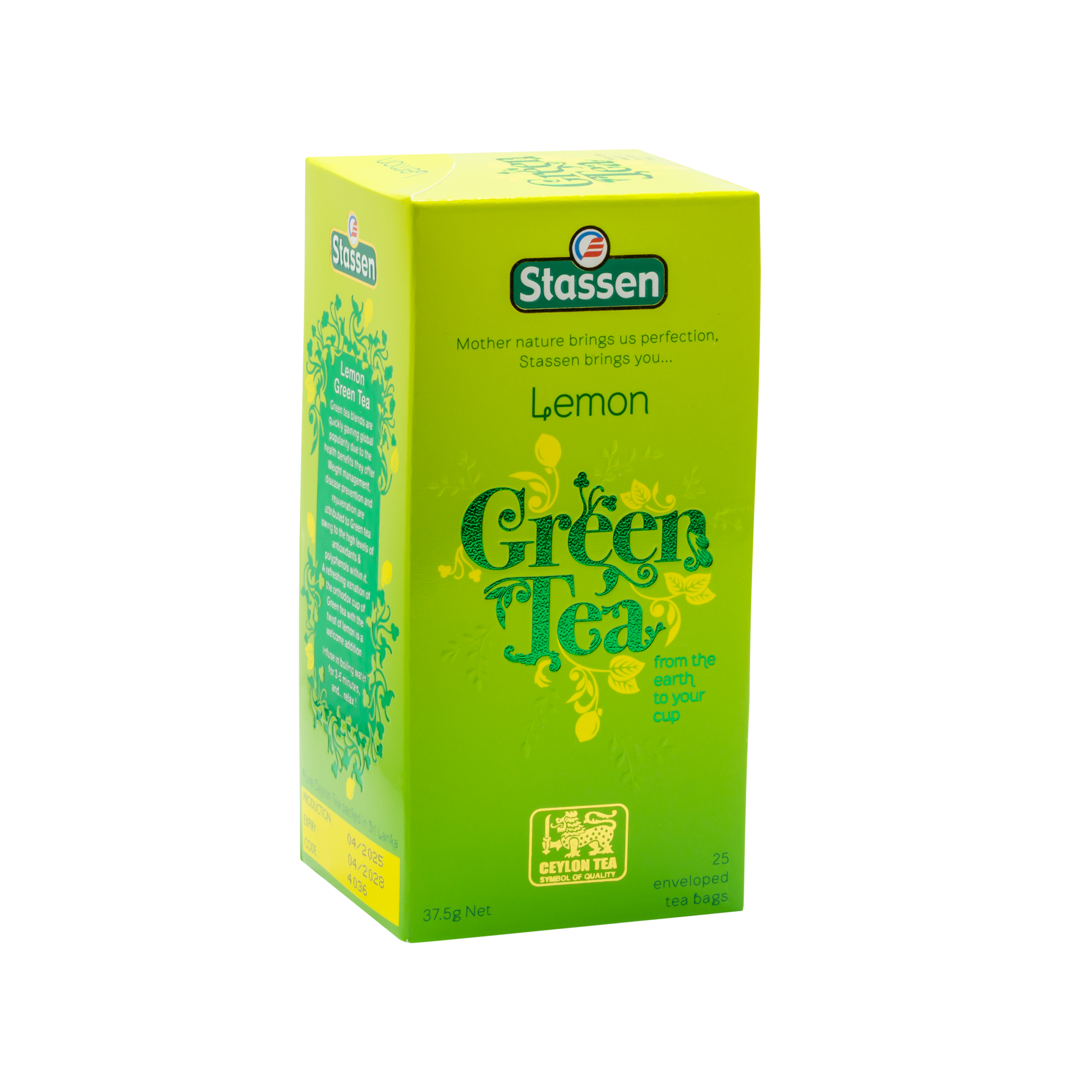 Prawy bok pudełka Stassen Lemon Green Tea – orzeźwiająca zielona herbata z cytryną.