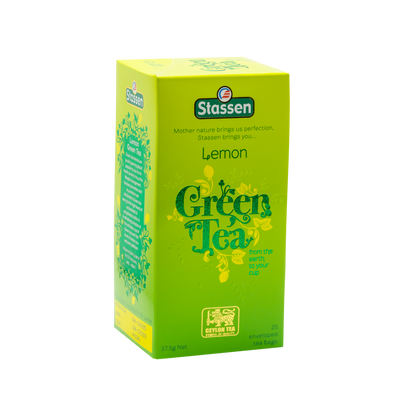 Prawy bok pudełka Stassen Lemon Green Tea – orzeźwiająca zielona herbata z cytryną.