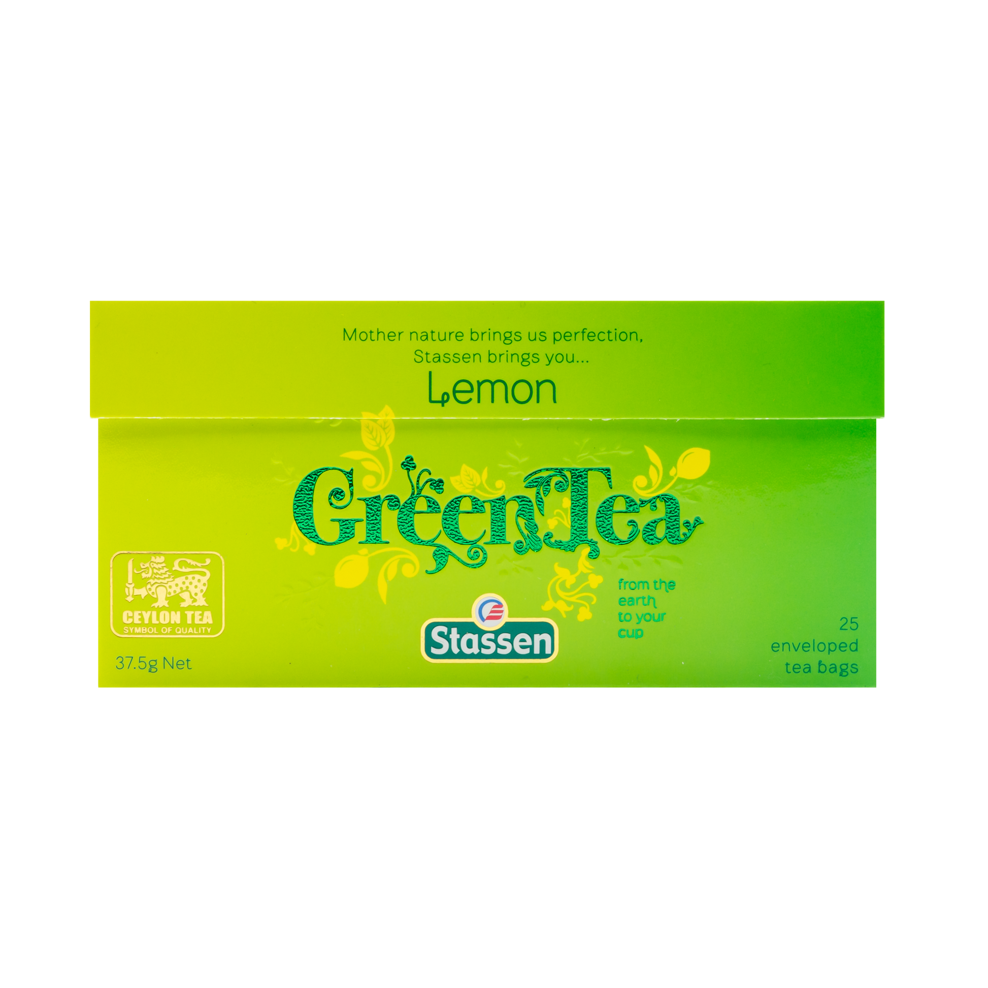 Opakowanie frontowe Stassen Lemon Green Tea – zielone pudełko z napisem Green Tea.