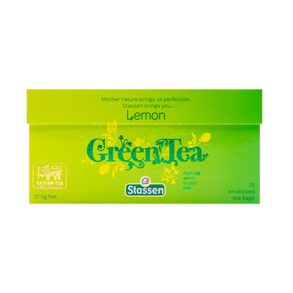 Opakowanie frontowe Stassen Lemon Green Tea – zielone pudełko z napisem Green Tea.