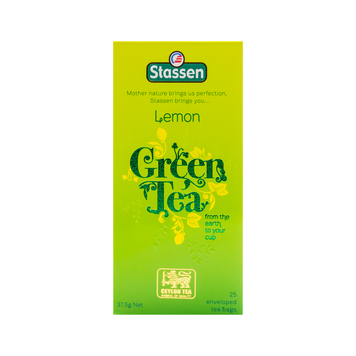 Pionowe opakowanie herbaty Stassen Lemon Green Tea – cejlońska herbata z cytrynowym aromatem.