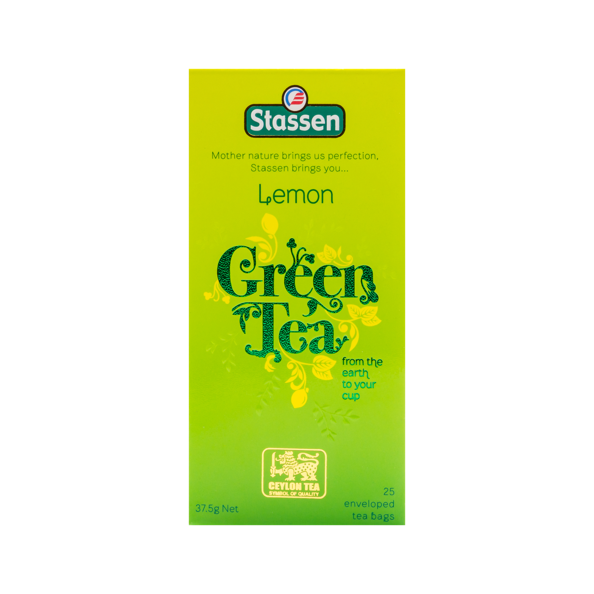 Pionowe opakowanie herbaty Stassen Lemon Green Tea – cejlońska herbata z cytrynowym aromatem.