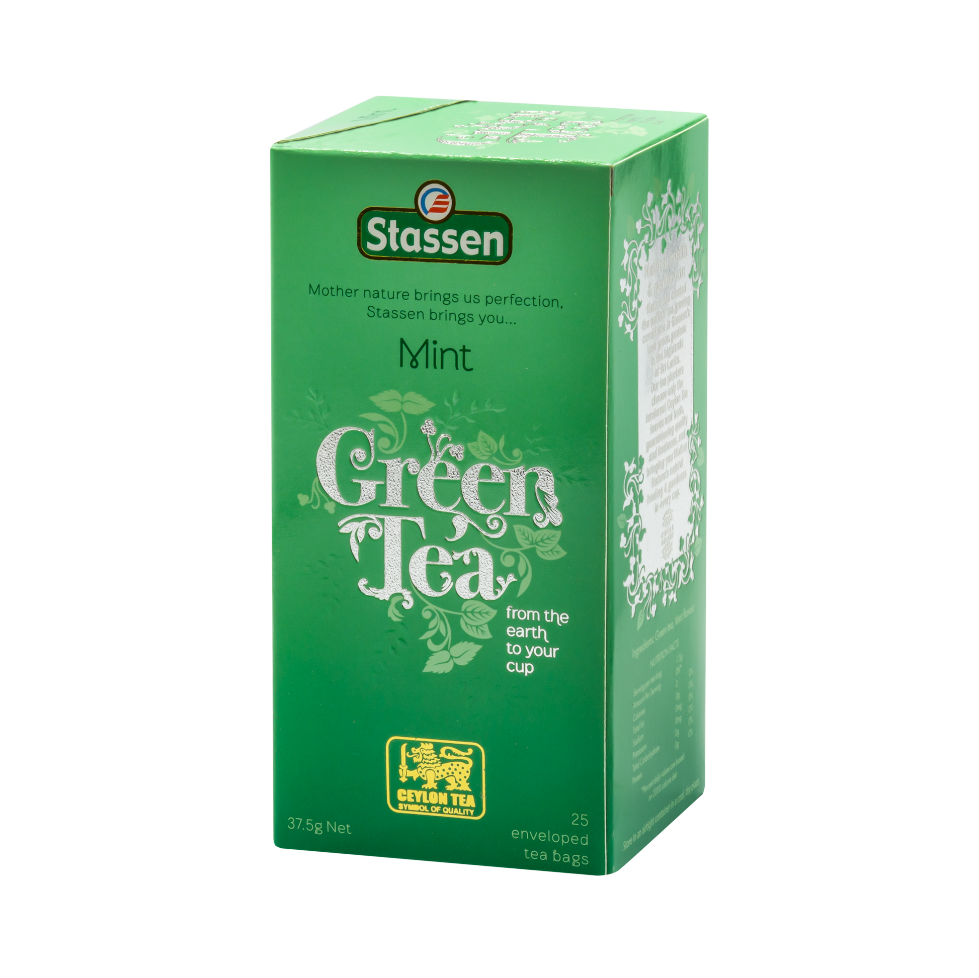 Lewy bok pudełka Stassen Mint Green Tea – informacje o składzie i właściwościach.