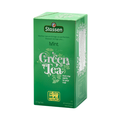 Lewy bok pudełka Stassen Mint Green Tea – informacje o składzie i właściwościach.
