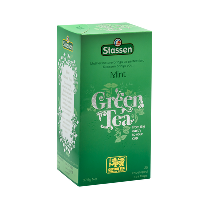 Prawy bok opakowania Stassen Mint Green Tea – aromatyczna zielona herbata z nutą mięty.