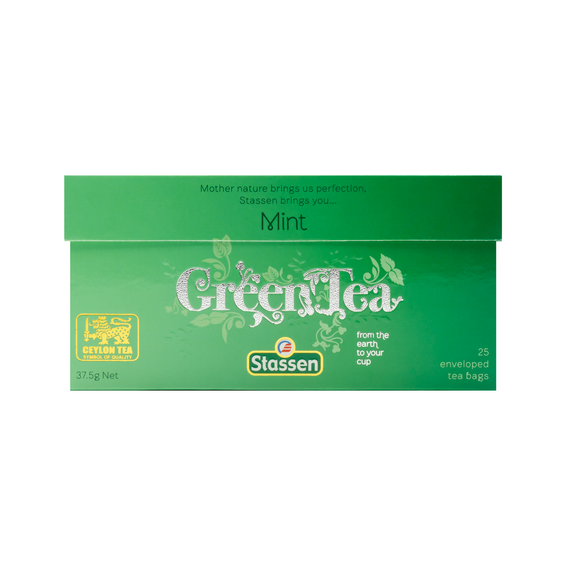 Opakowanie frontowe Stassen Mint Green Tea – zielone pudełko z napisem Green Tea.