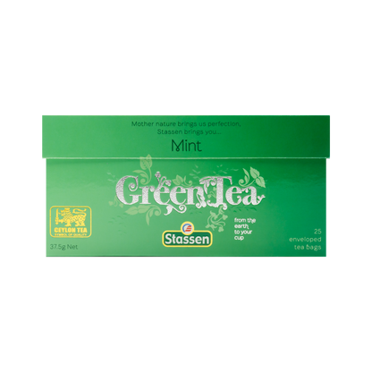 Opakowanie frontowe Stassen Mint Green Tea – zielone pudełko z napisem Green Tea.