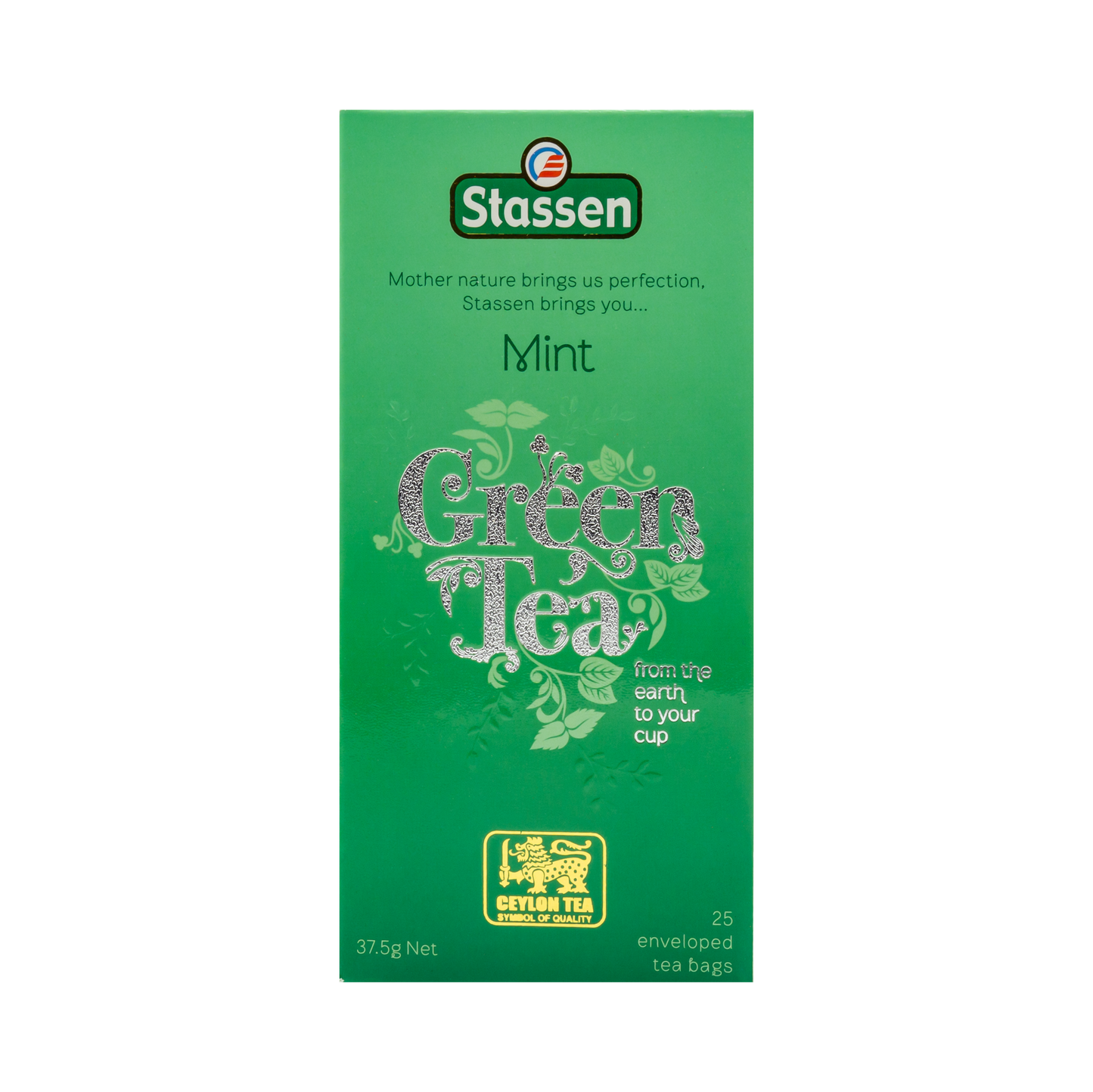 Pionowe opakowanie herbaty Stassen Mint Green Tea – cejlońska herbata z dodatkiem mięty.