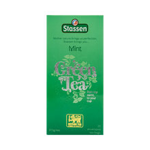 Pionowe opakowanie herbaty Stassen Mint Green Tea – cejlońska herbata z dodatkiem mięty.