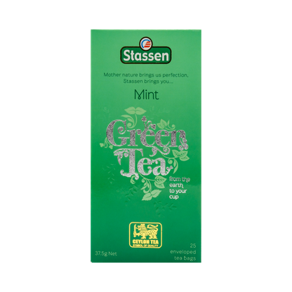 Pionowe opakowanie herbaty Stassen Mint Green Tea – cejlońska herbata z dodatkiem mięty.