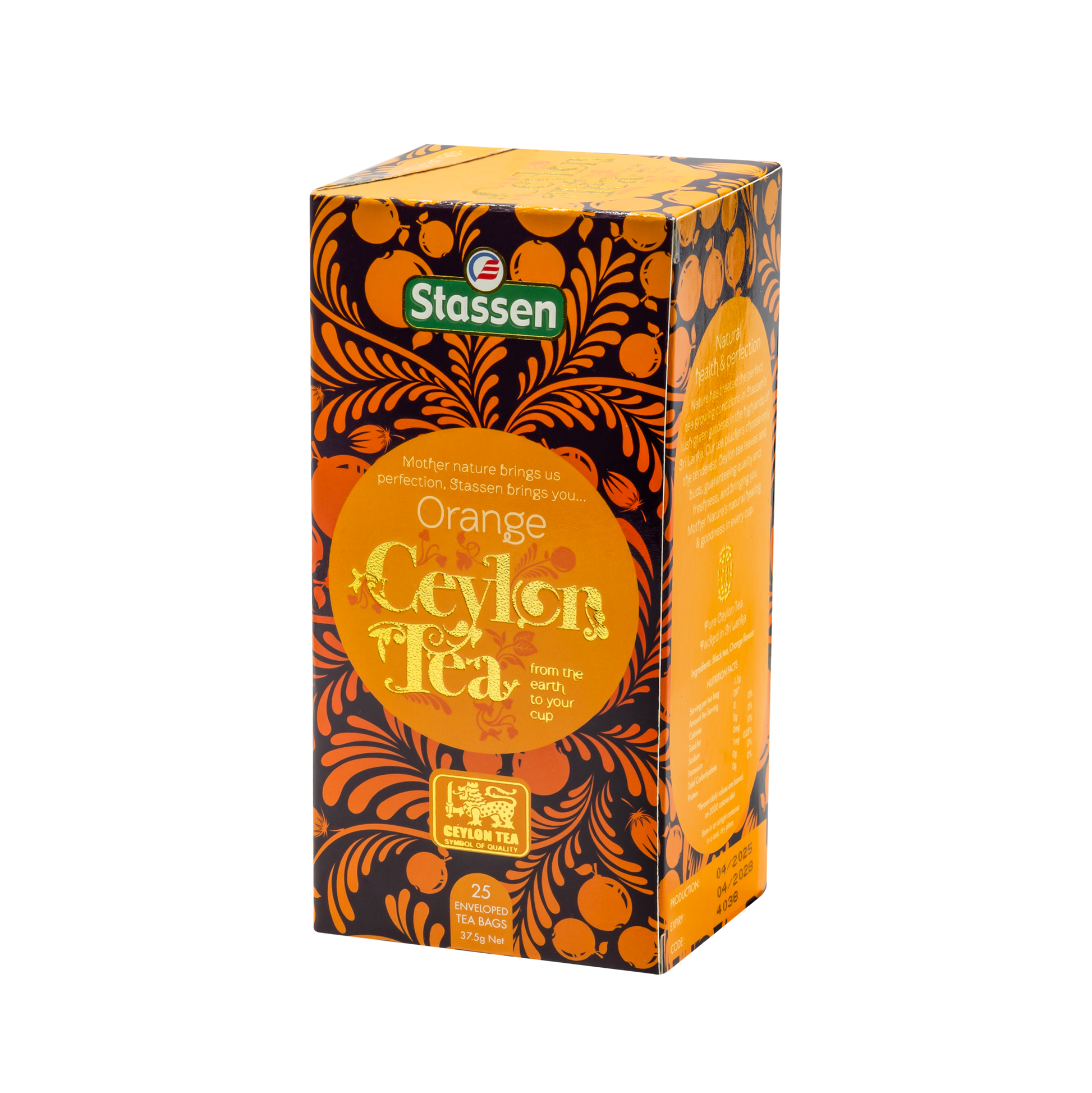 Lewy bok pudełka Stassen Orange Tea – informacje o produkcie i składzie.