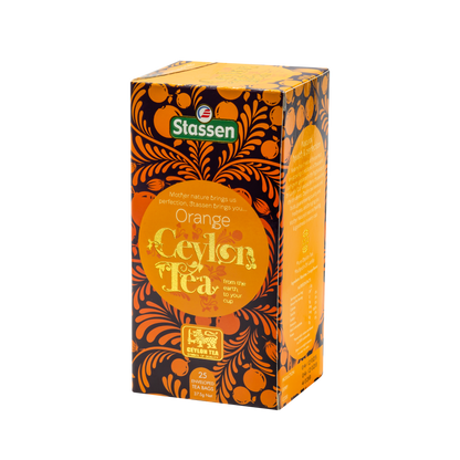 Lewy bok pudełka Stassen Orange Tea – informacje o produkcie i składzie.