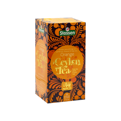 Prawy bok opakowania Stassen Orange Ceylon Tea – czarna herbata o owocowym charakterze.