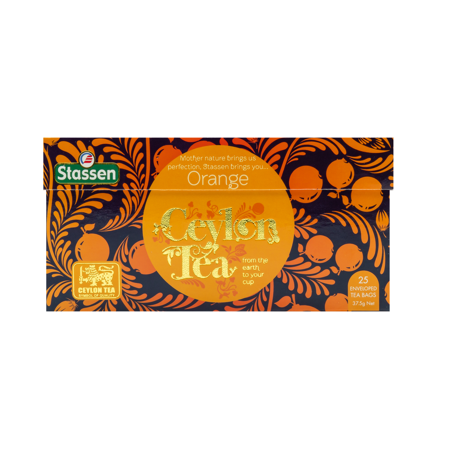 Opakowanie frontowe Stassen Orange Ceylon Tea – intensywna herbata z pomarańczą.