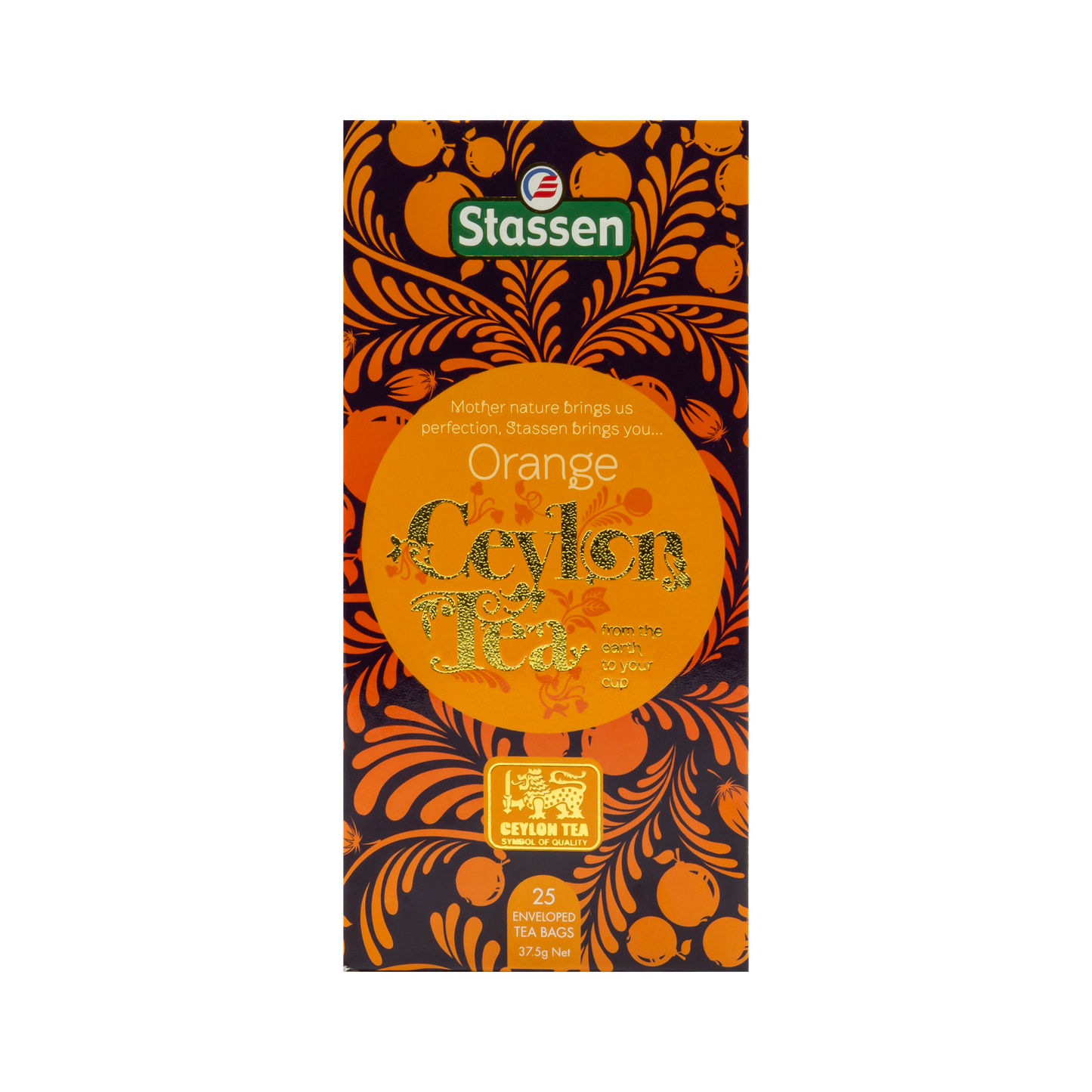 Pionowe opakowanie herbaty Stassen Orange Tea – klasyczna czarna herbata o cytrusowym aromacie.