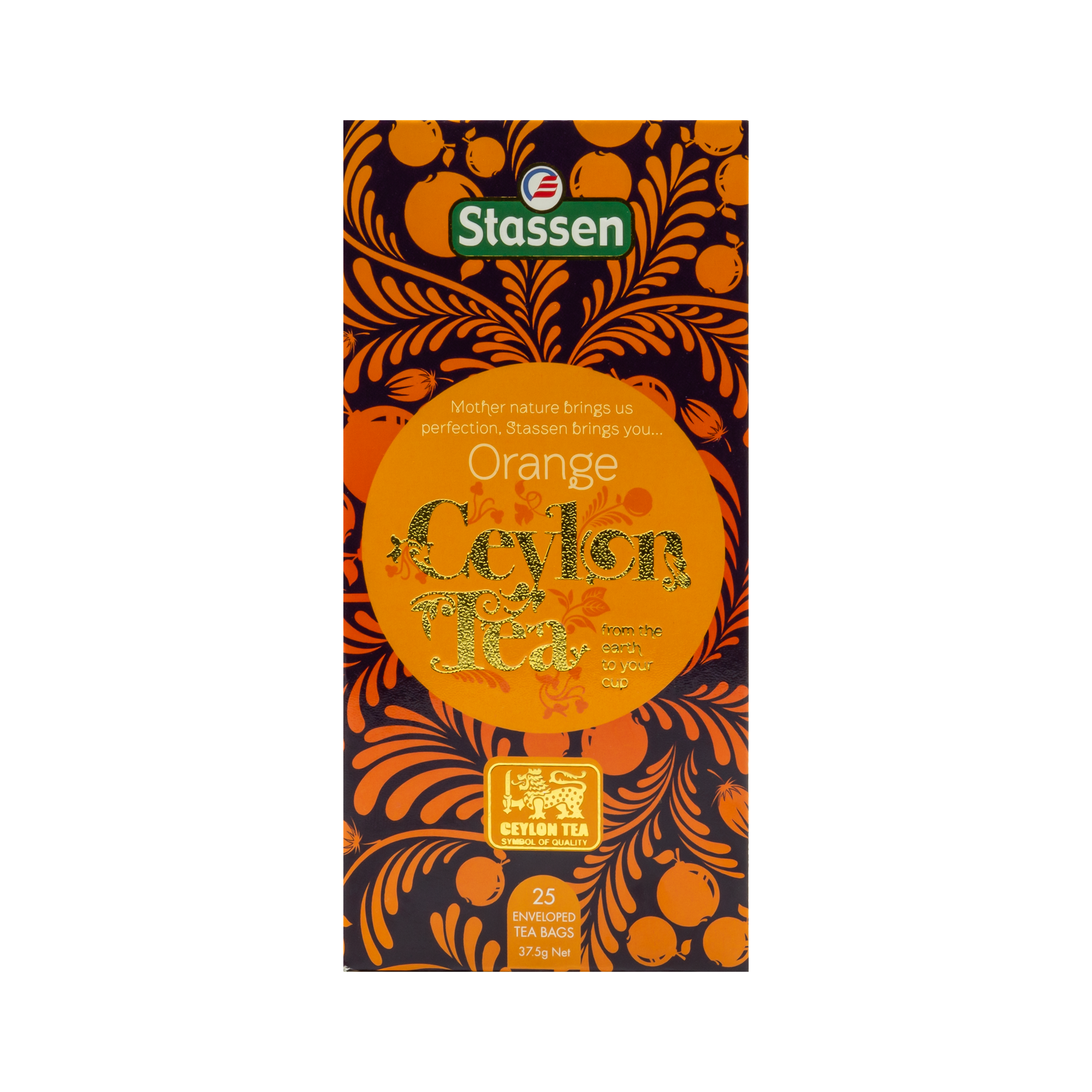 Pionowe opakowanie herbaty Stassen Orange Tea – klasyczna czarna herbata o cytrusowym aromacie.