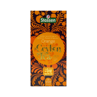 Pionowe opakowanie herbaty Stassen Orange Tea – klasyczna czarna herbata o cytrusowym aromacie.