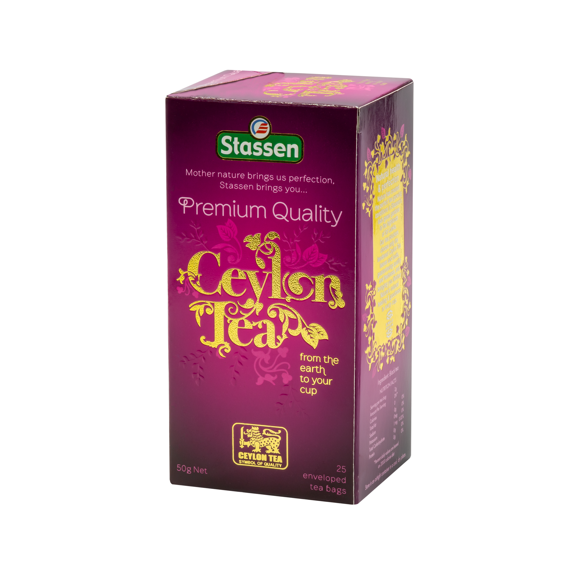 Lewy bok pudełka Stassen Premium Quality Ceylon Tea – opis produktu i skład.
