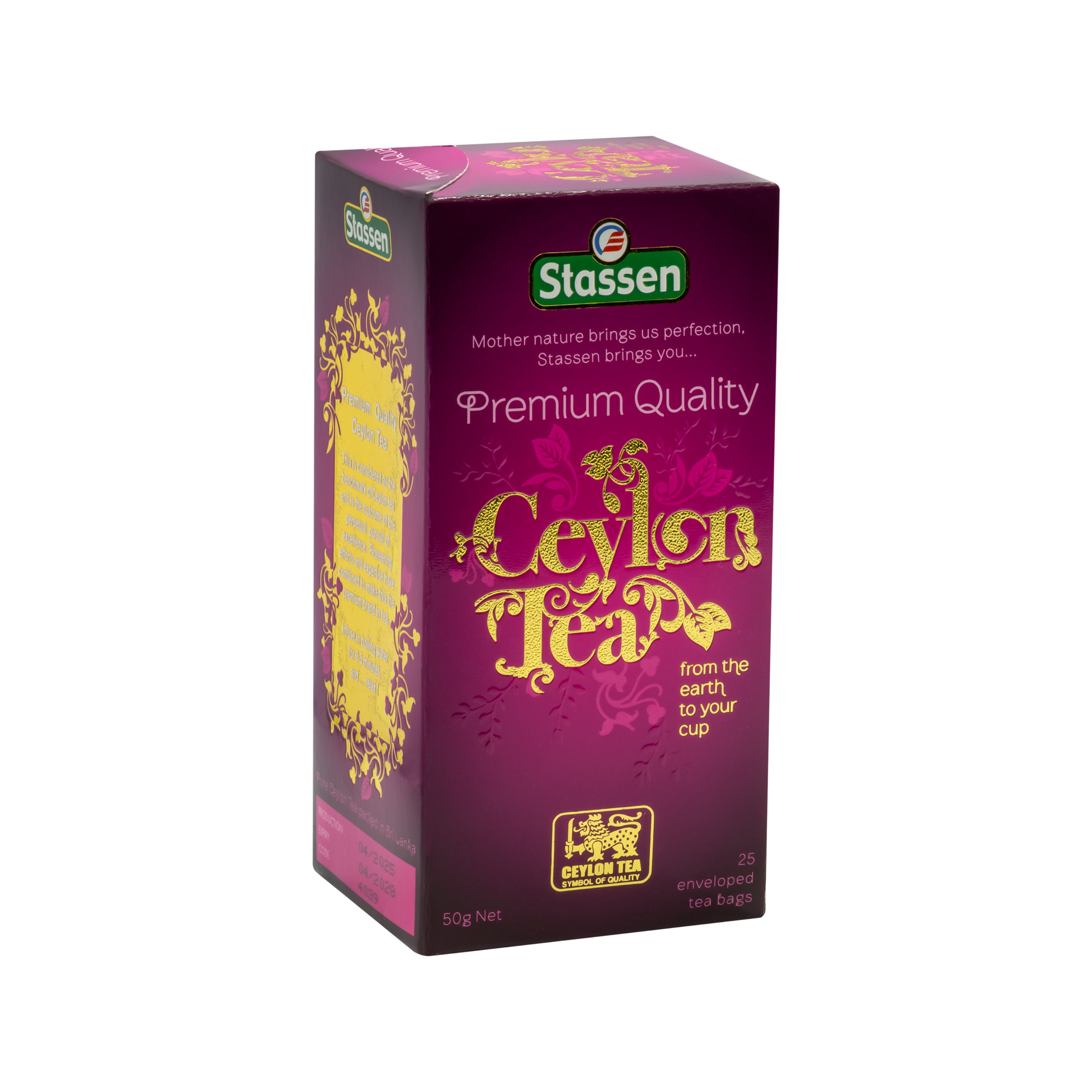 Prawy bok opakowania Stassen Premium Quality Ceylon Tea – aromatyczna herbata cejlońska w torebkach.
