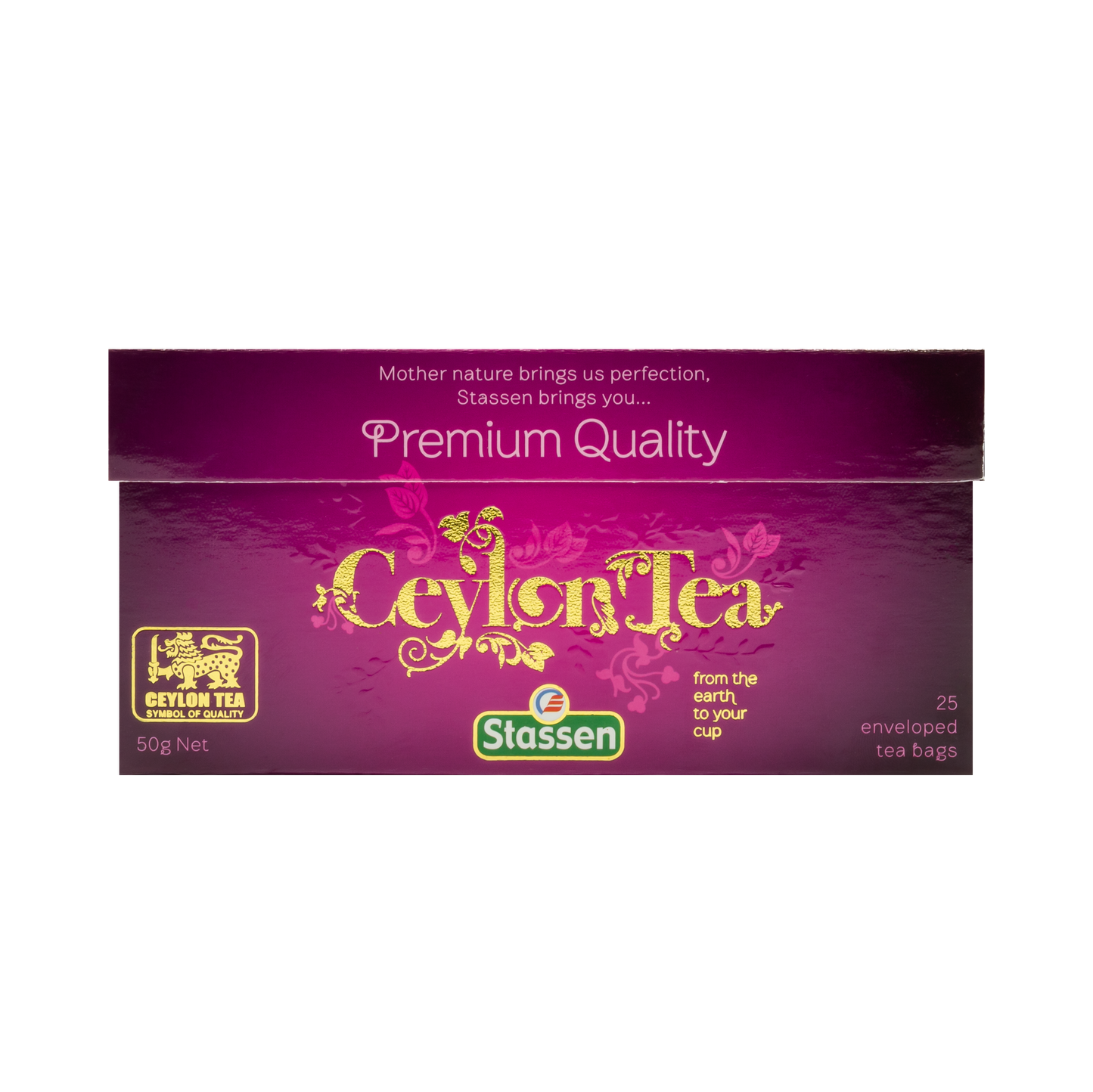 Opakowanie frontowe Stassen Premium Quality Ceylon Tea – eleganckie pudełko w kolorze bordowym.